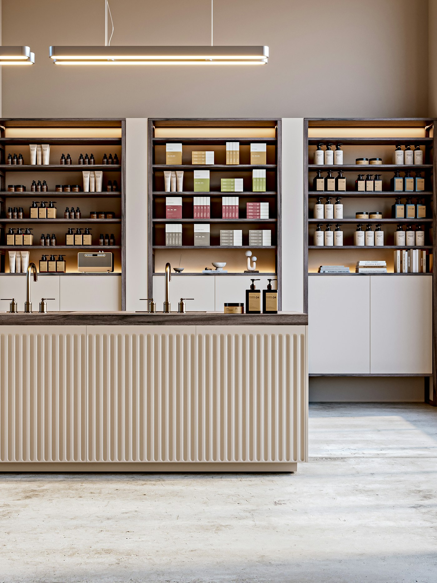 Bright shop with products neatly arranged on wooden shelves